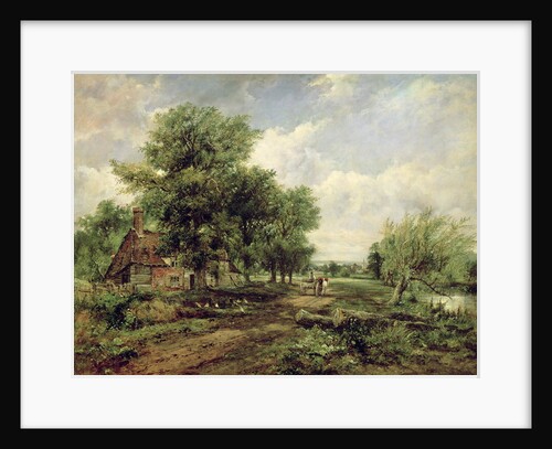 Wooded river landscape with a cottage and a horse drawn cart by Frederick Waters Watts