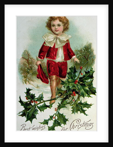 Victorian Christmas postcard depicting a boy in red in the snow by English School