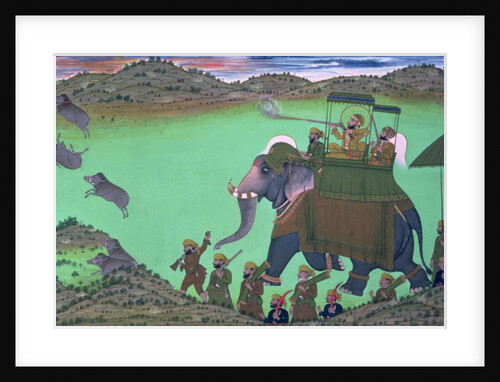 Maharana Sarup Singh of Udaipur shooting boar from elephant-back, Rajasthan, 1855 by Indian School