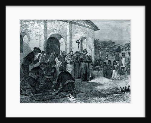 Spanish mission to California, with priests, soldiers and Indians of America praying before the Church in the 18th century, 19th century by William Ludlow Sheppard