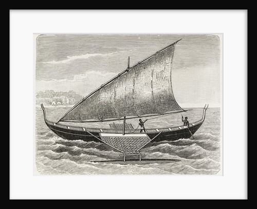 Boat of the Mortlock Islands, with outrigger and sail of rush-matting by English School