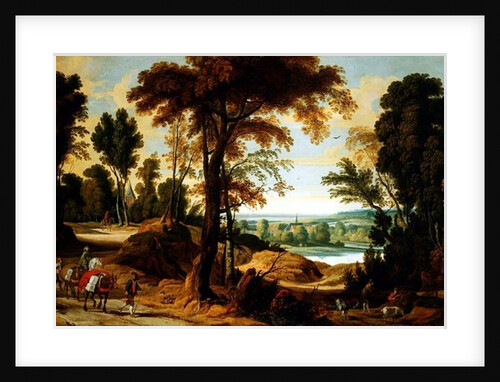 A wooded river landscape with figures on a road by Jan Wildens