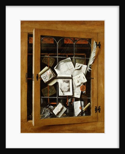 A trompe l'oeil of an open glazed cupboard door, with numerous papers and objects, 1666 by Cornelis Norbertus Gijsbrechts