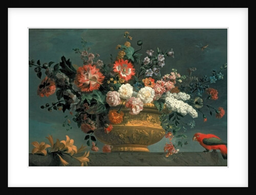 Flower piece with parrot by Jakob Bogdani or Bogdany
