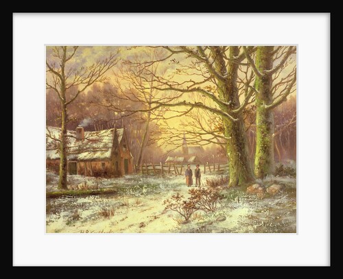 Figures on a path before a village in winter by Johannes Hermann Barend Koekkoek