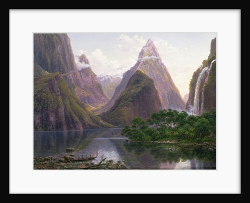 Native figures in a canoe at Milford Sound, West Coast of South Island, New Zealand, also depicted are Mitre Peak and Bowens Fall, 1892 by Eugen von Guerard
