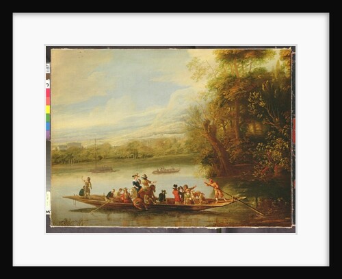 A landscape with a crowded ferry crossing the water in the foreground by Willem Schellinks