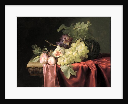 A still life with grapes, plums, figs and a melon on a partly draped stone ledge, 1653 by Willem van Aelst