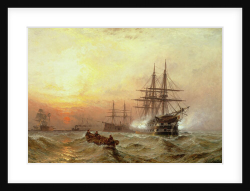 Man-o'-War firing a salute at sunset by Claude T. Stanfield Moore