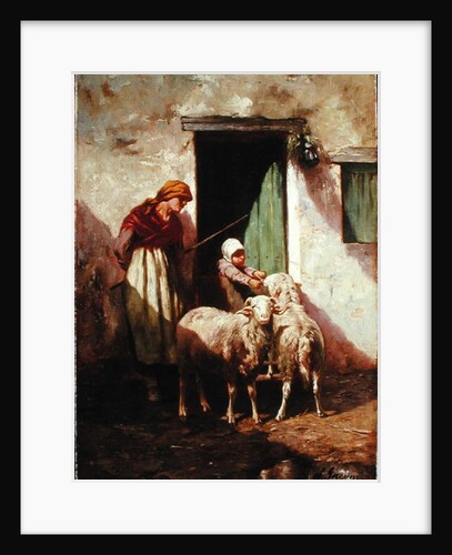 Shepherdess with a Child and Two Sheep by Charles Emile Jacque