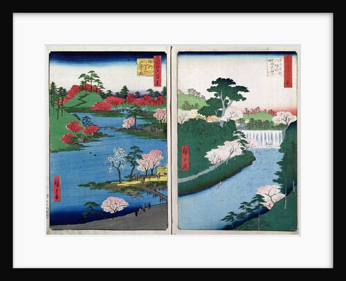 Along the riverbank, two views from '60-Odd Famous Views of the Provinces', pub. by Kosheihei in 1853, by Ando or Utagawa Hiroshige