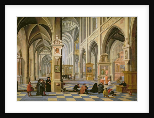 Church interior, with people at prayer in the foreground and a small procession in the main aisle by Bartolomeus van Bassen