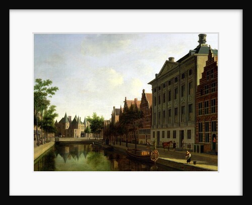 View of the Kloveniersburgwal in Amsterdam, with the Waag, and barge moored in the front of Trippenhuis to the right, 1685 by Gerrit Adriaensz Berckheyde