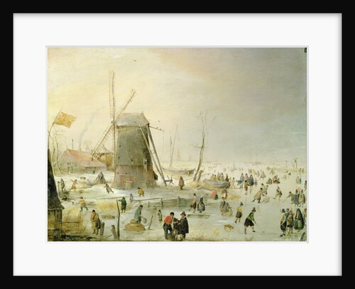 A winter scene with skaters by a windmill by Hendrik Avercamp