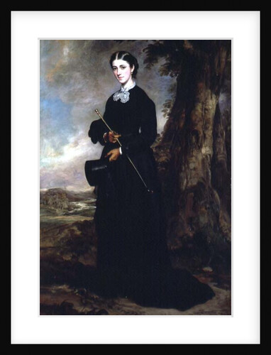 Young woman wearing a black riding habit and standing in a landscape by Francis Grant