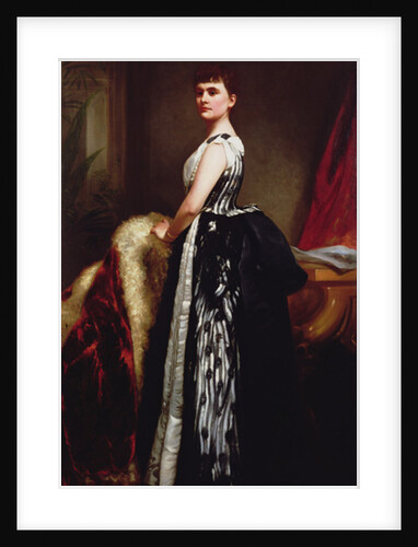 Portrait of a young woman wearing a striped dress and standing in an interior by James Sant