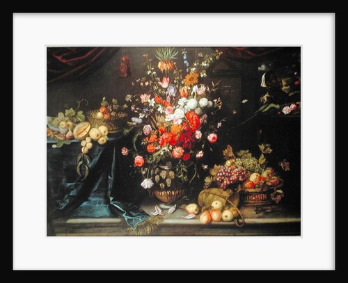 A still life of summer flowers in a sculpted urn by Frans Ykens