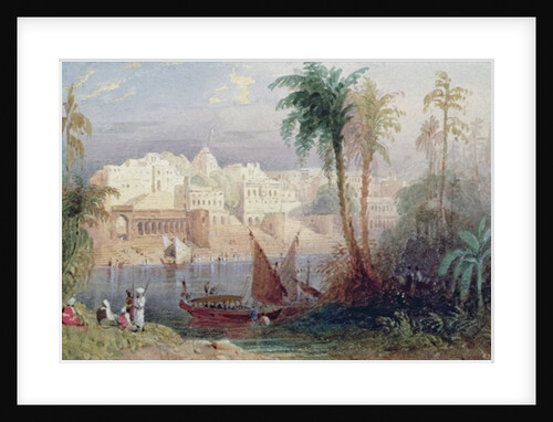 A View of an Indian city beside a river, with boats on the river and figures in the foreground by Thomas Allom