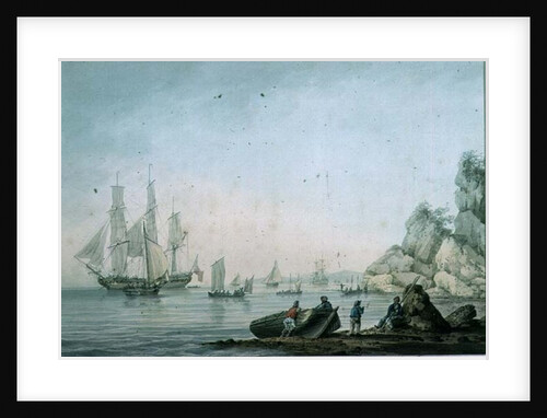 Marine View, with boat and figures on a shore by Samuel Atkins