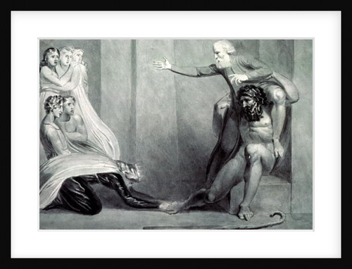 Tiriel, borne back to the Palace on the Shoulders of his Brother Ijim, addressing his five Daughters by William Blake