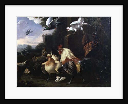 A cockerel and other fowl in a landscape by Melchior de Hondecoeter