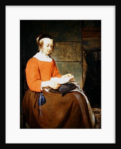 A young woman seated in an interior, reading a letter by Gabriel Metsu