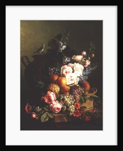 Still Life of Fruits and Flowers in a Wicker Basket on a Ledge. by Cornelis van Spaendonck