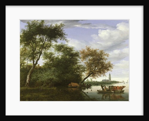 Wooded river landscape with figures and cattle on a ferryboat by Salomon van Ruisdael or Ruysdael