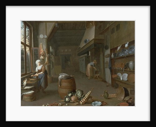 Kitchen interior with two maids preparing food by Gillis de Winter