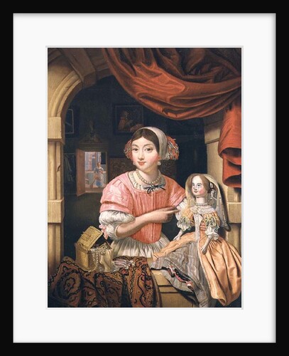 Girl holding a doll in an interior with a maid sweeping behind by Edwaert Colyer or Collier