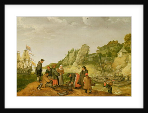 Fisherman unloading and selling their catch on a rocky shoreline by Adam Willaerts