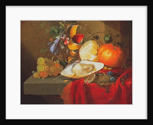 An oyster, a glass of wine and fruit on a table covered with a red velvet drape by Elias van den Broeck