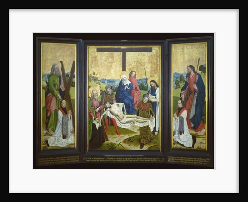 Altarpiece with a pieta and donors in centre panel; St. Andrew and St. John on the side panel, c.1480-90 by Master of the Life of Virgin Mary