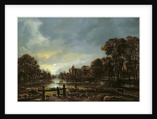 Moonlit River Landscape with Cottages on the Wooded Banks by Aert van der Neer