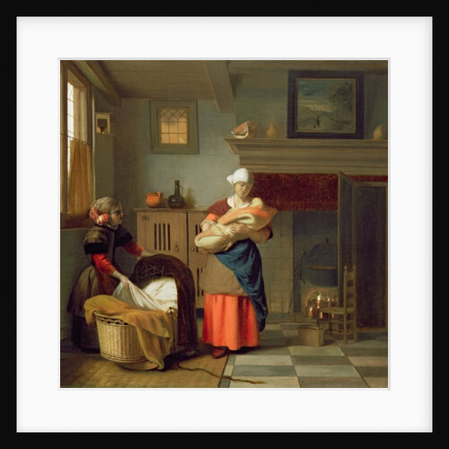 Nursemaid with baby in an interior and a young girl preparing the cradle by Pieter de Hooch