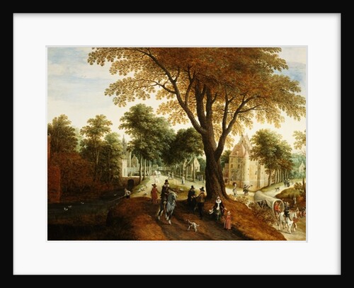 Elegant Horsemen and figures on a path in front of a chateau by Sebastian Vrancx