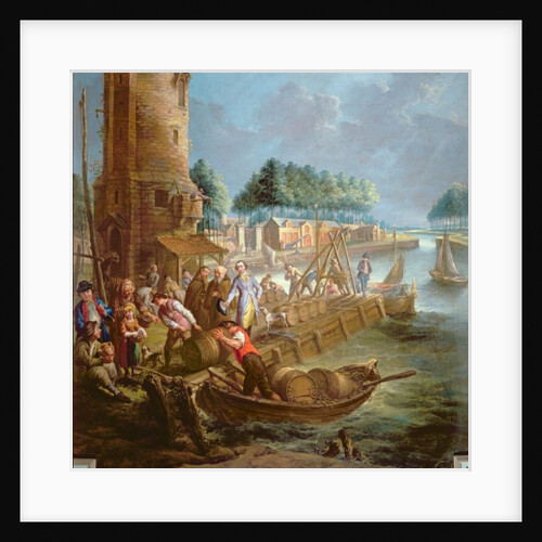 Canal scene with wine merchant unloading barrels by Jan-Anton Garemyn