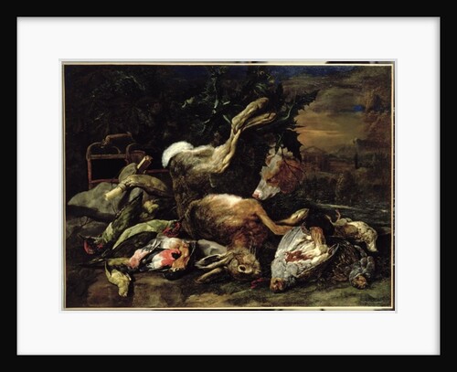 Still Life with a Hare, Song Birds and a Bird Net with a Spaniel Beyond by Jan Fyt