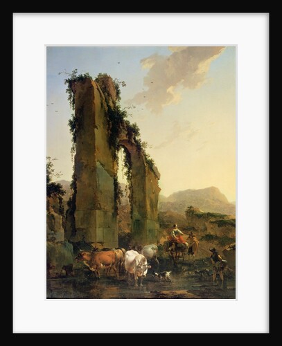 Peasants with Four Oxen and a Goat at a Ford by a Ruined Aqueduct, c.1655-60 by Nicolaes Pietersz. Berchem