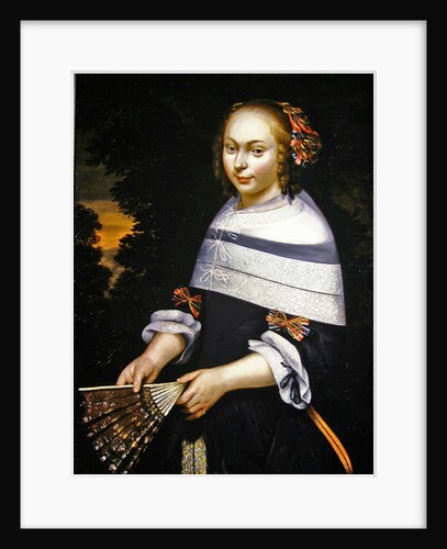 A portrait of a young girl holding a fan, a landscape beyond, c.1650 by Friesian School