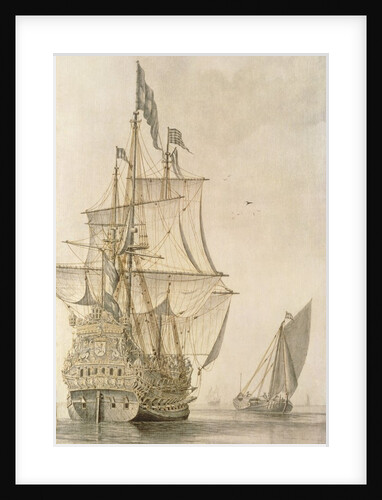 A Man-o'-war under sail seen from the stern with a boeiler nearby by Cornelius Bouwmeester