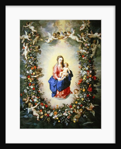 The Virgin and Child encircled by a garland of flowers held aloft by cherubs, c.1624 by Jan & Balen Hendrik van Brueghel