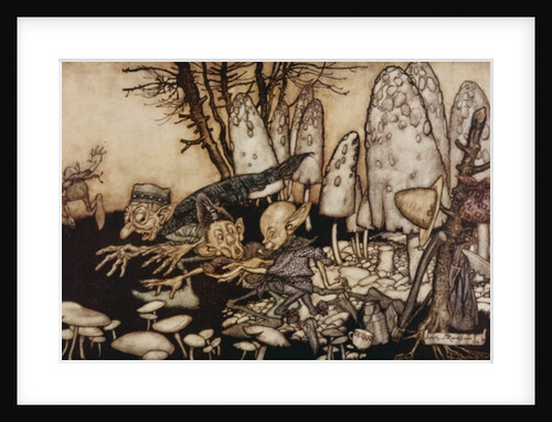 A band of workmen, who were sawing down a toadstool, rushed away, leaving their tools behind them by Arthur Rackham