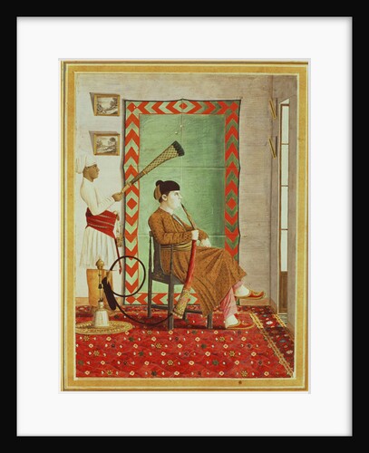 A portrait of a European gentleman in Indian dress seated before an open window smoking a hookah by Indian School
