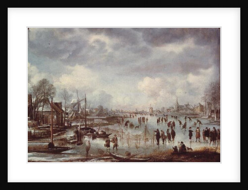 Winter scene with figures skating by Aert van der Neer