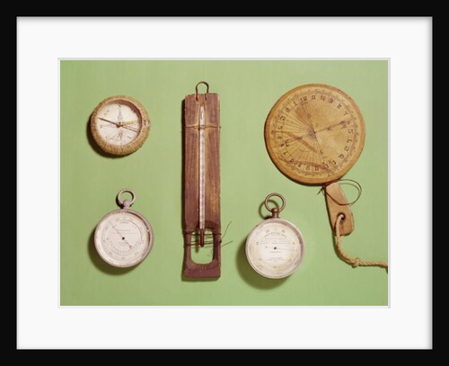Scott's compass, thermometer, sundial, barometer and altitude scale used on Antarctic expedition, 1910-12 by Anonymous