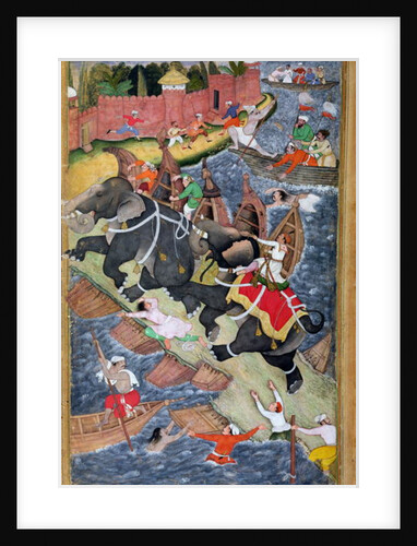 Akbar tames the Savage Elephant, Hawa'i, outside the Red Fort at Agra, miniature from the 'Akbarnama' of Abul Fazl, c.1590 by Basawan and Chatai