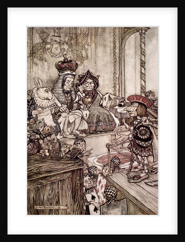 Knave before the King and Queen of Hearts, illustration to 'Alice's Adventures in Wonderland' by Lewis Carroll 1907 by Arthur Rackham