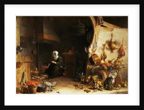 A Kitchen Interior with a Servant Girl Surrounded by Utensils, Vegetables and a Lobster on a Plate by Cornelis van Lelienbergh