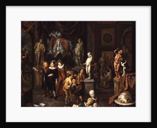 An Elegant Couple Visiting a Sculpture Gallery, with an Artist Sketching and a Sculptor at Work Beyond by Balthasar van den Bossche